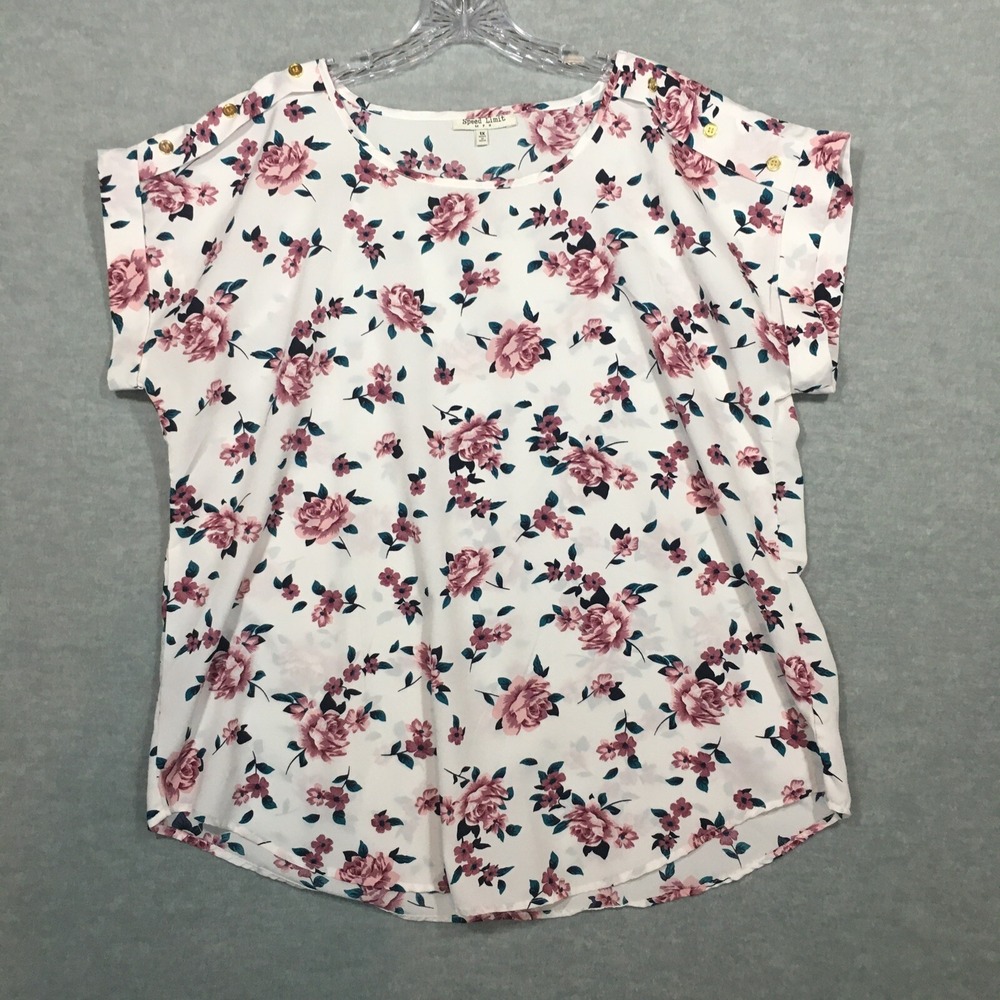 Speed Limit 1X Rose Print Blouse Gold Buttons Batwing Sleeve Semi-Sheer White
